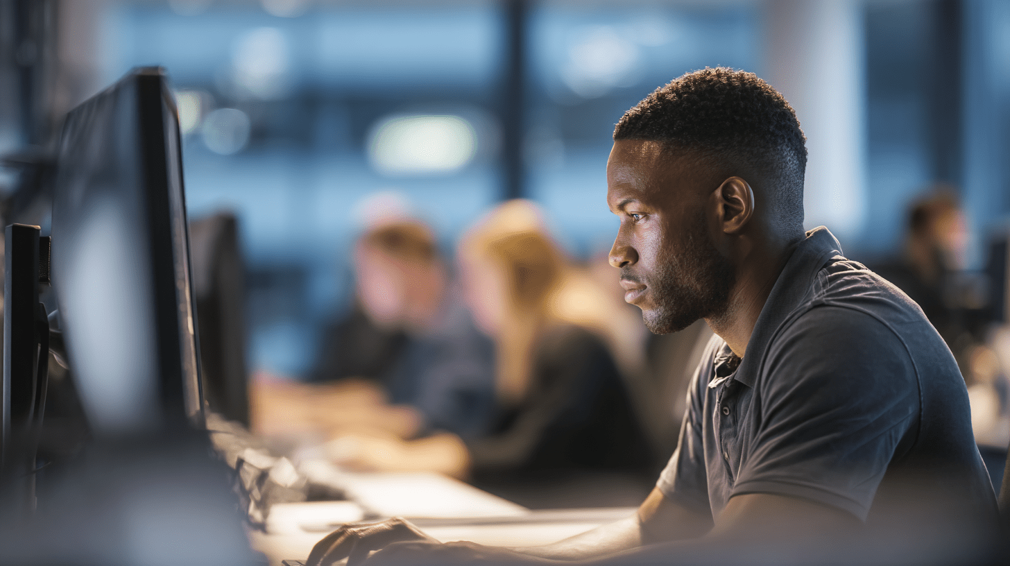 Ein Mann sitzt konzentriert vor seinem Computer in einem modernen Büro und bearbeitet seine E-Mails