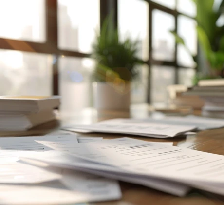 Mehrere unscharfe Rechnungen liegen auf einem modernen Schreibtisch in einem hellen Büro.