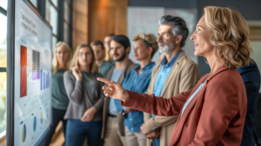 Eine diverse Gruppe von Büroangestellten unterschiedlichen Alters, Geschlechts und Herkunft in einem modernen Seminarraum. Die Teilnehmenden stehen und schauen aufmerksam auf einen großen Bildschirm an der Wand.