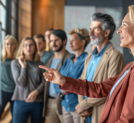 Eine diverse Gruppe von Büroangestellten unterschiedlichen Alters, Geschlechts und Herkunft in einem modernen Seminarraum. Die Teilnehmenden stehen und schauen aufmerksam auf einen großen Bildschirm an der Wand.