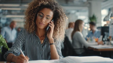 Eine Sekretärin sitzt in einem modernen Büro an ihrem Schreibtisch, telefoniert, schreibt E-Mails und organisiert Termine am Computer.