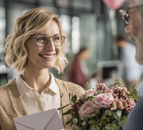 Eine Mitarbeiterin, blonde Haare mit Brille und was älter, erhält von ihrem Vorgesetzten einen Blumenstrauß und eine Karte, als Danke Ihrer herausragender Leistung im Team