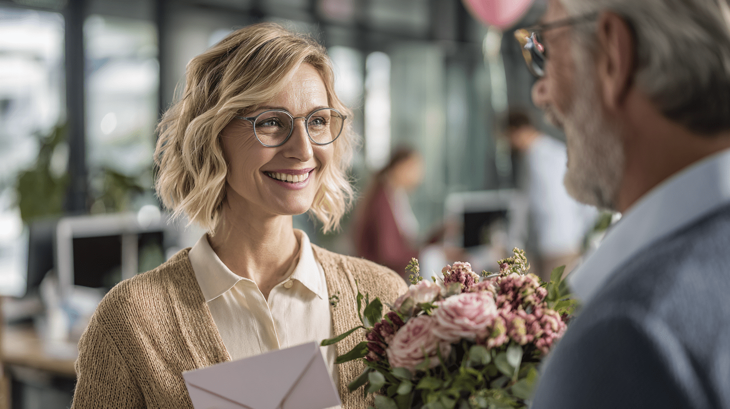 Eine Mitarbeiterin, blonde Haare mit Brille und was älter, erhält von ihrem Vorgesetzten einen Blumenstrauß und eine Karte, als Danke Ihrer herausragender Leistung im Team