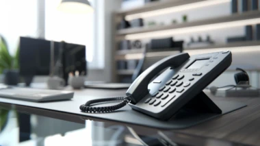 Ein modernes Bürotelefon mit minimalistischem Design steht auf einem eleganten Schreibtisch in einem hellen, zeitgemäßen Büro. Der Hintergrund ist leicht unscharf, wodurch das Telefon im Fokus steht.