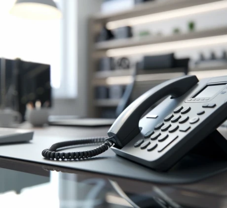 Ein modernes Bürotelefon mit minimalistischem Design steht auf einem eleganten Schreibtisch in einem hellen, zeitgemäßen Büro. Der Hintergrund ist leicht unscharf, wodurch das Telefon im Fokus steht.