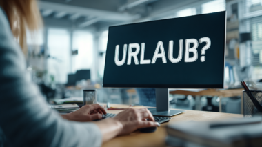 Eine Assistenzkraft sitzt in einem modernen Büro vor einem Computer, auf dem ,,URLAUB?'' steht.