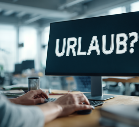 Eine Assistenzkraft sitzt in einem modernen Büro vor einem Computer, auf dem ,,URLAUB?'' steht.
