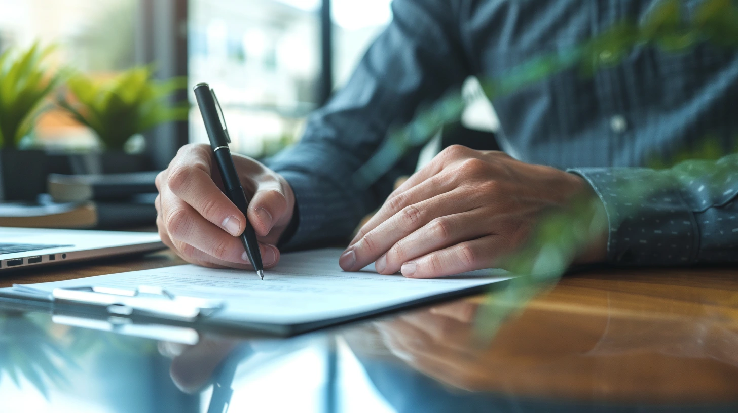 Hand eines Mannes schreibt mit Kugelschreiber ein Protokoll in modernem Büro.