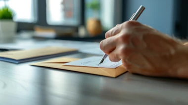 Ein Brief liegt auf einem modernen Bürotisch. Eine Hand hält einen Kugelschreiber und schreibt gerade das Adressfeld auf dem Umschlag.