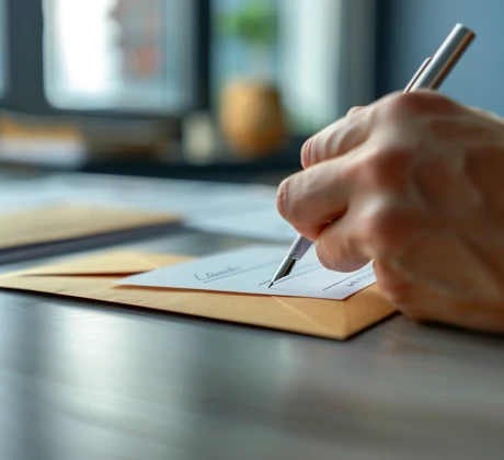 Ein Brief liegt auf einem modernen Bürotisch. Eine Hand hält einen Kugelschreiber und schreibt gerade das Adressfeld auf dem Umschlag.