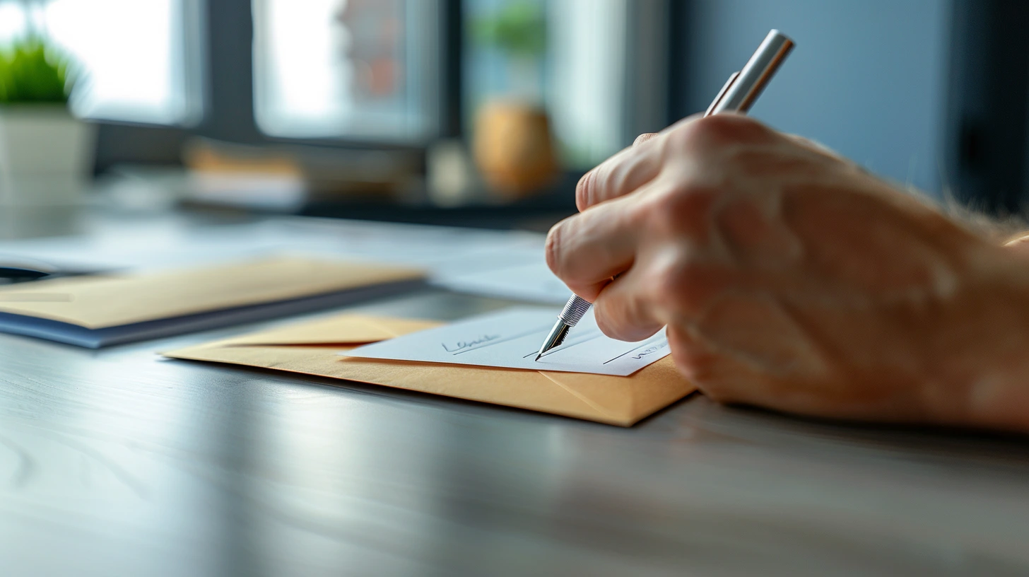 Ein Brief liegt auf einem modernen Bürotisch. Eine Hand hält einen Kugelschreiber und schreibt gerade das Adressfeld auf dem Umschlag.