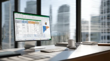 Ein Computer, welcher das Microsoft Excel Programm abbildet. Zu sehen sind Diagramme etc. Die Umgebung ist ein modernes Büo