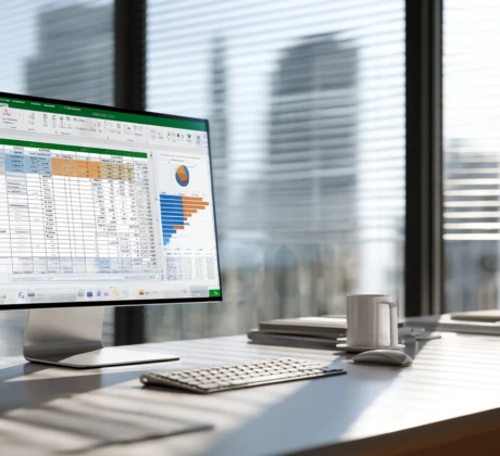 Ein Computer, welcher das Microsoft Excel Programm abbildet. Zu sehen sind Diagramme etc. Die Umgebung ist ein modernes Büo