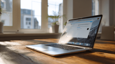 Laptop steht aufgeschlagen auf einem Schreibtisch