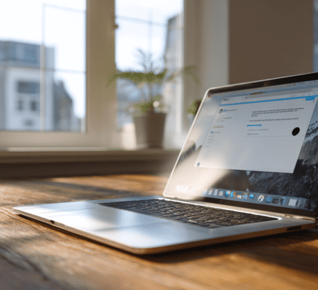 Laptop steht aufgeschlagen auf einem Schreibtisch