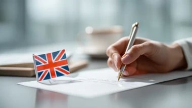 Ein einzelnes Blatt Papier liegt auf dem locker eine kleine britische Flagge liegt. Eine Hand, einer Assistenzkraft, schreibt mit einem Stift einen Brief auf dem Blatt.