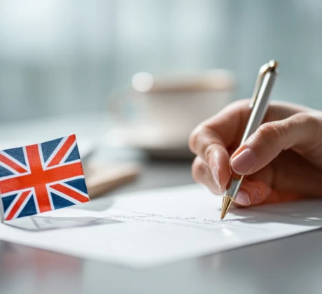 Ein einzelnes Blatt Papier liegt auf dem locker eine kleine britische Flagge liegt. Eine Hand, einer Assistenzkraft, schreibt mit einem Stift einen Brief auf dem Blatt.
