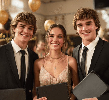 Zwei Jungs und ein Mädchen stehen in einem Festsaal schick gekleidet vor der Kamera und lächeln. Sie halten alle Ihr Abiturzeugnis in einer schwarzen Mappe in der Hand und sehen glücklich aus.