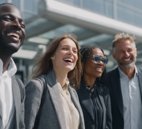 Vier berufstätige Frauen und Männer unterschiedlicher Herkunft lachen gemeinsam vor einem modernen Gebäude. Sie tragen Businesskleidung und haben Reisegepäck dabei.