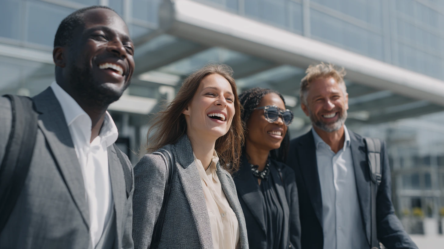 Vier berufstätige Frauen und Männer unterschiedlicher Herkunft lachen gemeinsam vor einem modernen Gebäude. Sie tragen Businesskleidung und haben Reisegepäck dabei.