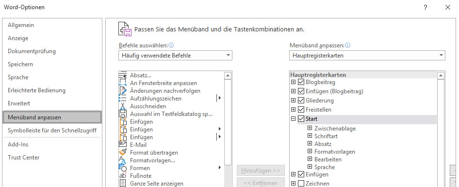 Menüband in Word anpassen, Menüband in Word personalisieren, Word Optionen, Menüband anpassen, Befehle auswählen Word