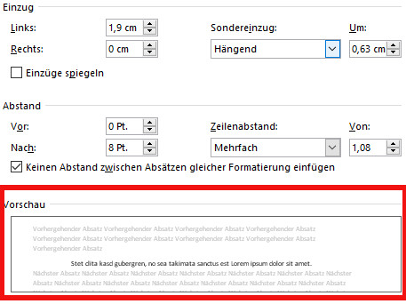 Hängender Einzug in Word, Vorschau Einzug Word, Dialogfenster Einzug Wird
