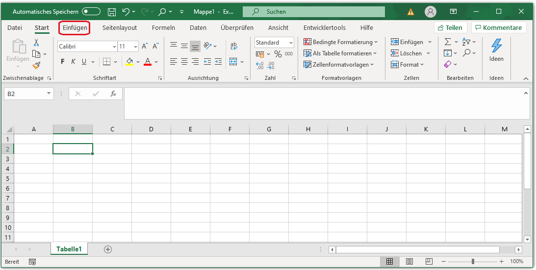 Anleitung Bild in Excel Zeile einfügen Schritt 1