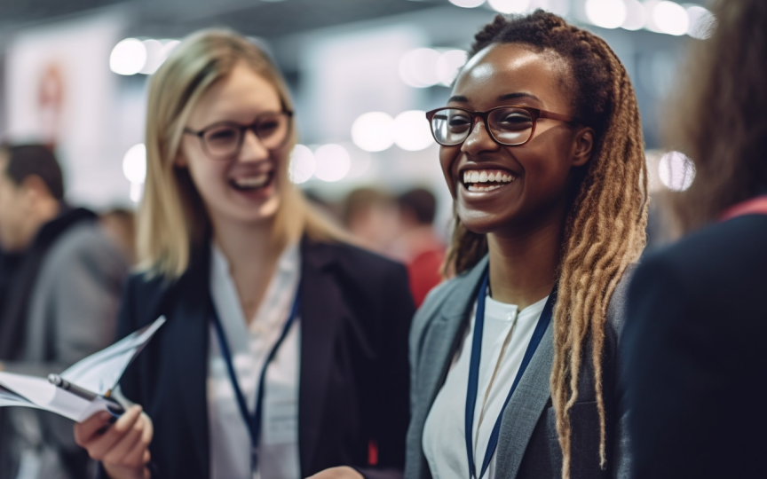 Eine Frau mit dunkler Haut und Brille trägt einen grauen Blazer, ein weißes Hemd und eine schwarze Brille. Sie lacht herzlich. Neben ihr steht eine blonde Frau, ebenfalls in einem grauen Blazer. Sie hält mehrere Flyer in der Hand und trägt ebenfalls eine schwarze Brille. Sie lacht die dunkelhäutige Frau an.