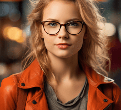 Eine junge Frau mit blondem Haar und Brille blickt selbstbewusst in die Kamera. Sie trägt ein graues T-Shirt und eine rote Lederjacke.