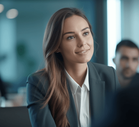 Eine junge hübsche Frau in einem dunkelblauen Blazer und langen braunen Haaren schaut in das Gesicht eines ihr gegenüber sitzenden Menschen. Sie lächelt professionell. Im Hintergrund sind zwei weitere Menschen zu erkennen, die ebenfalls zufrieden und professionell aussehen.