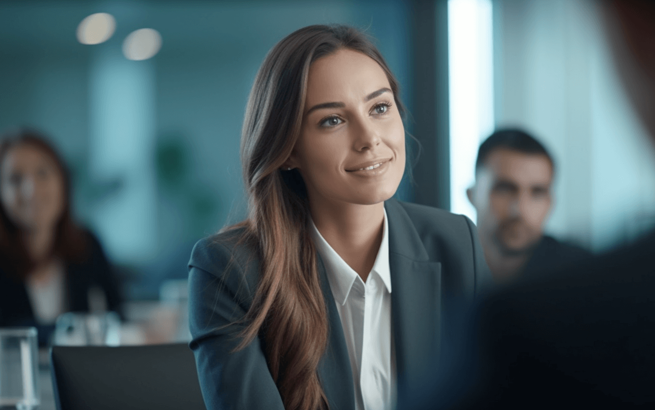 Eine junge hübsche Frau in einem dunkelblauen Blazer und langen braunen Haaren schaut in das Gesicht eines ihr gegenüber sitzenden Menschen. Sie lächelt professionell. Im Hintergrund sind zwei weitere Menschen zu erkennen, die ebenfalls zufrieden und professionell aussehen.