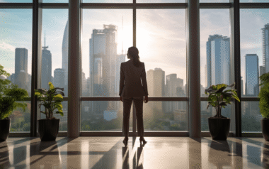 Eine Frau in hellgrauem Businesskostüm und Absatzschuhen steht vor einer Fensterfront aus Glas. Draußen ist die Skyline einer Großstadt zu sehen, mit vielen modernen Hochhäusern. Die Sonne scheint zentral auf die Frau. Sie steht selbstbewusst mit dem Rücken zur Kamera. Links und rechts neben ihr stehen jeweils zwei grüne Zimmerpflanzen.