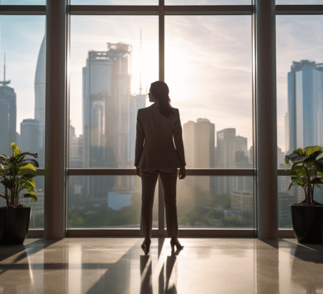 Eine Frau in hellgrauem Businesskostüm und Absatzschuhen steht vor einer Fensterfront aus Glas. Draußen ist die Skyline einer Großstadt zu sehen, mit vielen modernen Hochhäusern. Die Sonne scheint zentral auf die Frau. Sie steht selbstbewusst mit dem Rücken zur Kamera. Links und rechts neben ihr stehen jeweils zwei grüne Zimmerpflanzen.