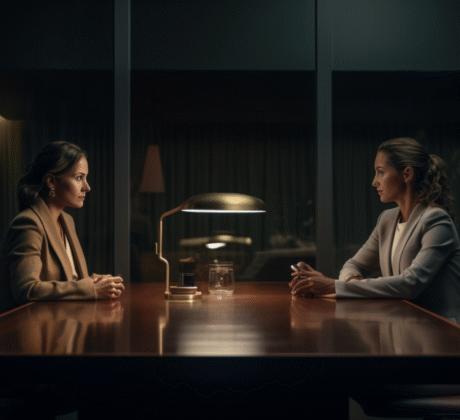 Zwei Business-Frauen sitzen sich in einem dunklen Raum an einem großen Schreibtisch gegenüber. In der Mitte des Schreibtischs erhellt eine Lampe den Raum. Beide Frauen haben die Hände verschränkt und schauen sich ernst an.
