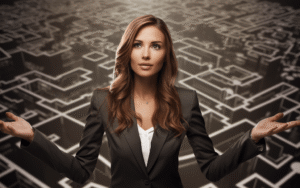 Eine junge Frau in Business-Kleidung steht vor einem Labyrinth. Sie hält ihre Arme seitlich hoch und schuat zuversichtlich nach links oben.