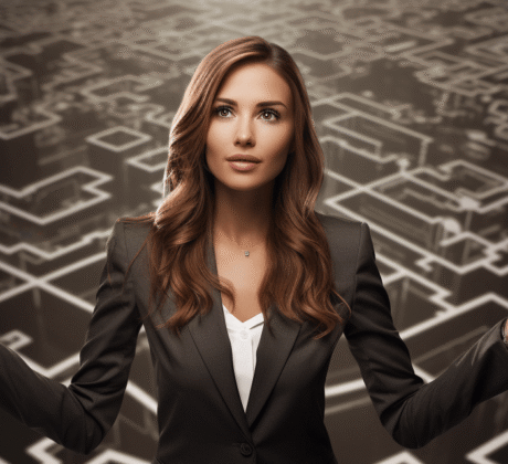 Eine junge Frau in Business-Kleidung steht vor einem Labyrinth. Sie hält ihre Arme seitlich hoch und schuat zuversichtlich nach links oben.