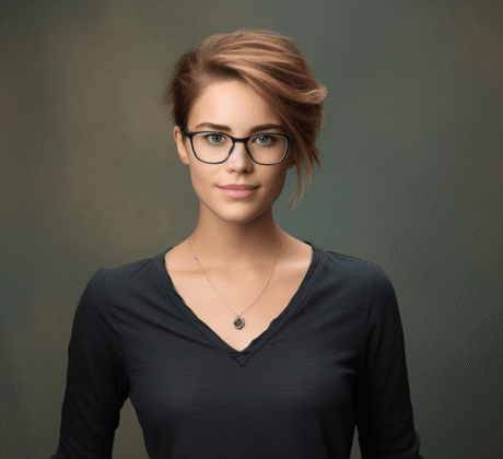 Eine junge Frau in einem schwarzen Shirt und schwarzen Jeans steht selbstbewusst vor der Kamera. Sie trägt ihre Haare kurz und hat beide Hände in ihre Hosentaschen gesteckt.
