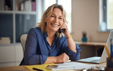 Blonde Sekretärin am Schreibtisch und hält ein Telefon an ihr Ohr.