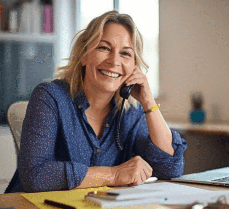 Blonde Sekretärin am Schreibtisch und hält ein Telefon an ihr Ohr.