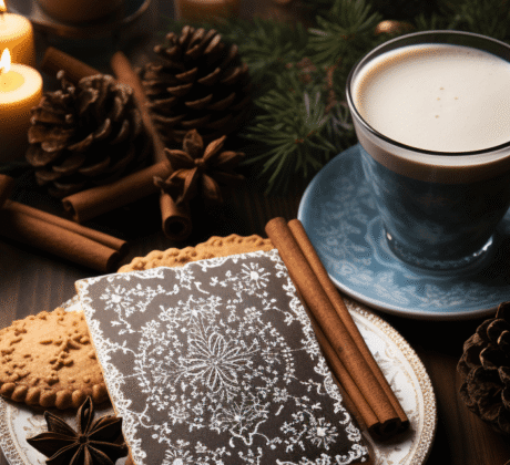 Weihnachtskarte im norwegischen Muster auf antikem Holztisch mit weihnachtlicher Deko.