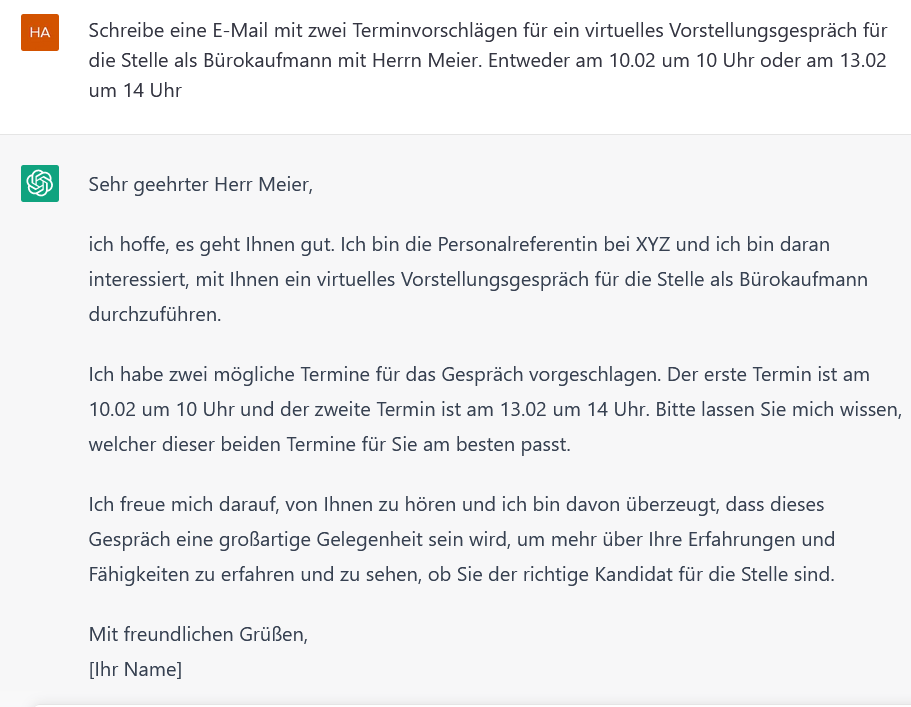 Ein Screenshot von einer ausformulierten E-Mail mit Terminvorschlägen von ChatGPT nach eigenen Anweisungen