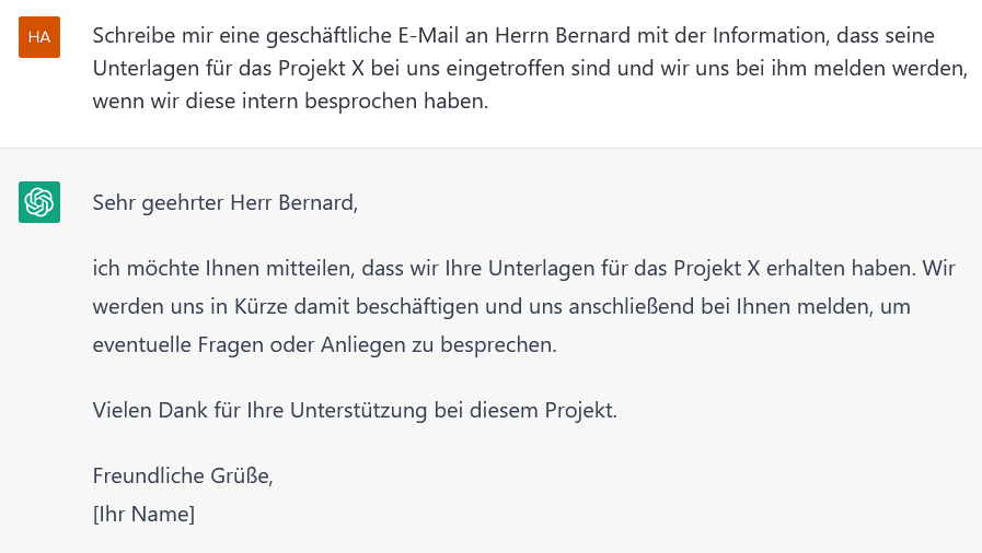 Ein Screenshot einer von ChatGPT formulierten geschäftlichen E-Mail zum Erhalt der Unterlagen eines Projekts