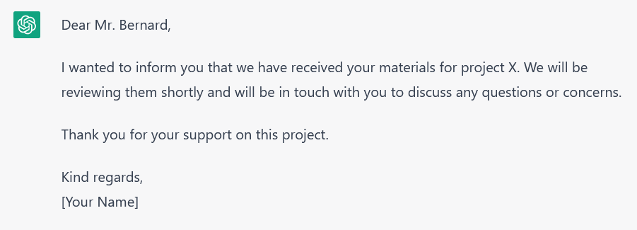 Ein Screenshot einer auf Englisch übersetzten E-Mail mit ChatGPT