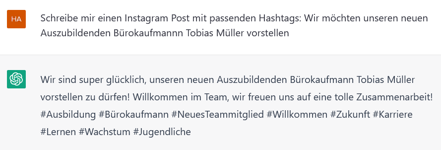 Ein Screenshot von einem mit ChatGPT generierten Social-Media-Post mit passenden Hashtags