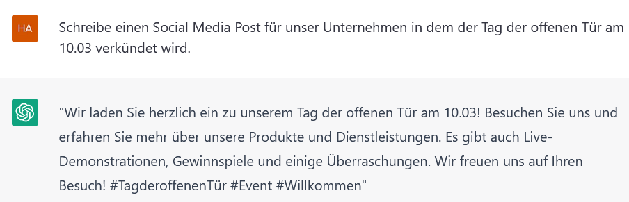 Screenshot eines von ChatGPT erstellten Social-Media-Posts zu einer Ankündigung eines Unternehmens