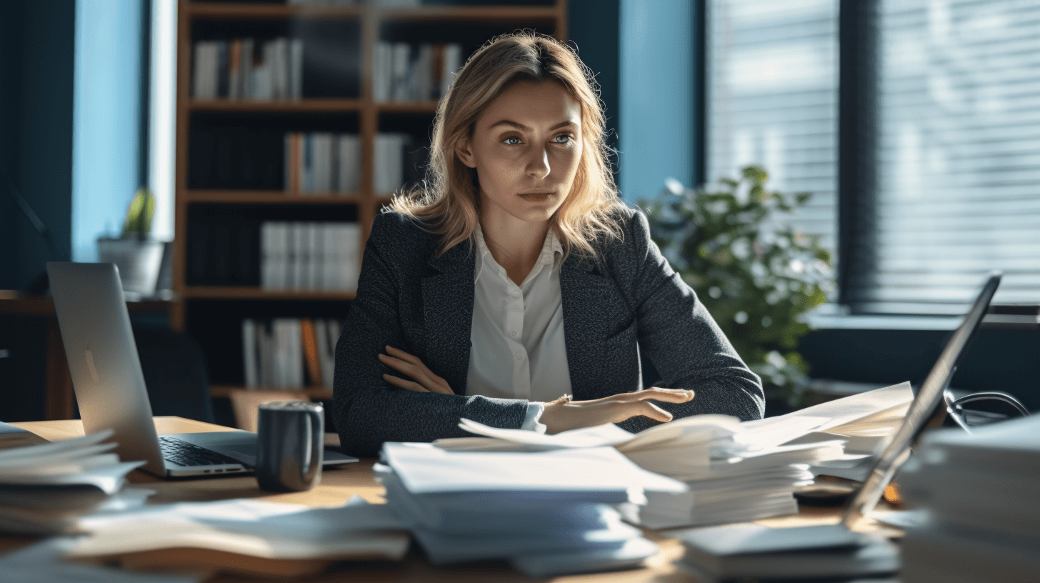 Eine blonde Businessfrau in grauem Blazer sitzt an einem Schreibtisch. Auf dem Schreibtisch liegen mehrere Papierstapel sowie ein MacBook und eine schwarze Kaffeetasse. Der Blick der Frau ist fokussiert auf den Bildschirm vor ihr. Im Hintergrund ist ein braunes Regal mit Aktenordnern und zwei grüne Zimmerpflanzen.