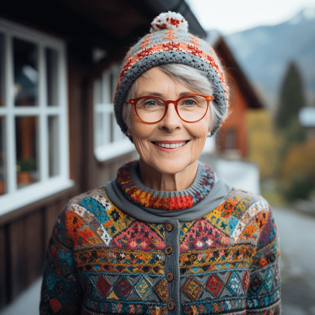 Dame vor einer skandinavischen Holzhütte und mit Norwegerpullover und Strickmütze.
