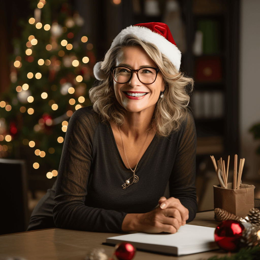 Dame, Mitte 50, sitzt lächelnd an ihrem Schreibtisch. Er ist weihnachtlich geschmückt mit riten Kugeln und im Hintergrund sieht man einen Weihnachtsbaum
