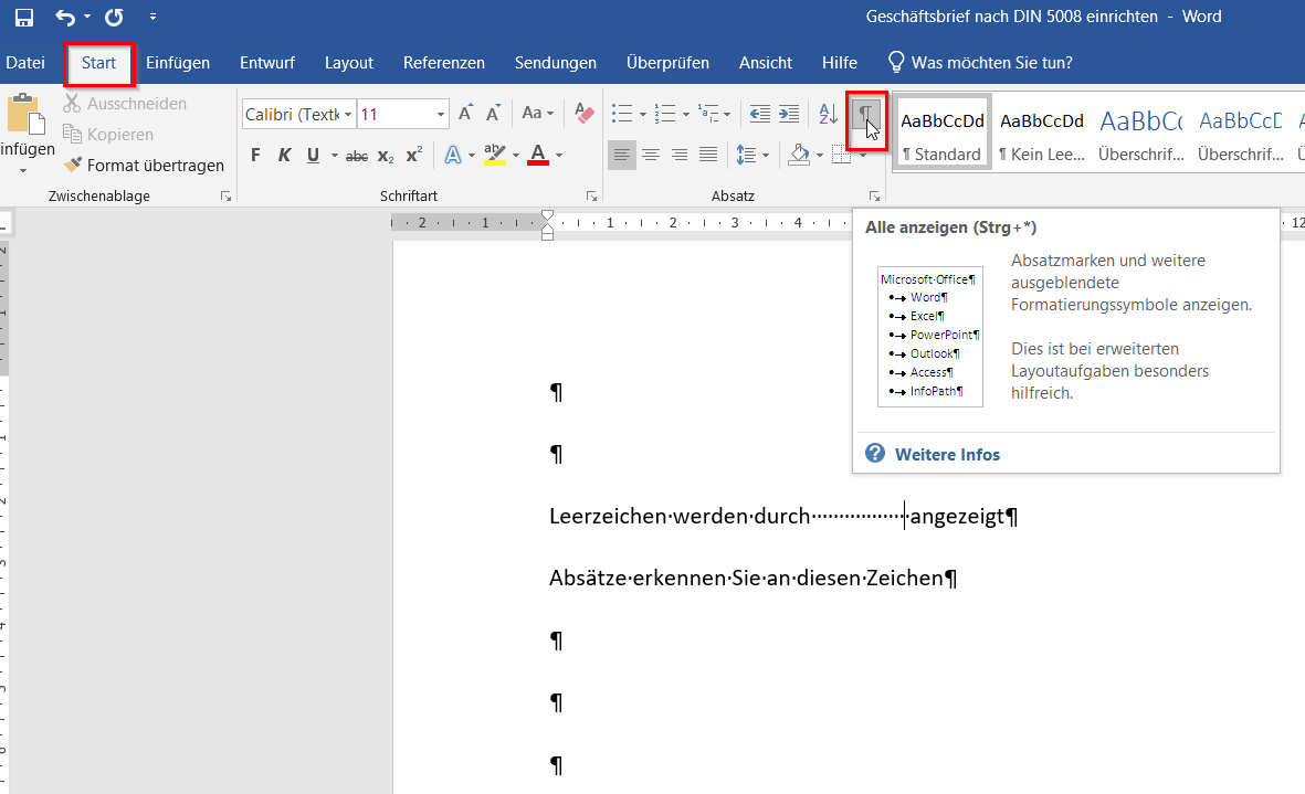 Auf dem Screenshot ist eine geöffnetes Worddokument abgebildet. Mit einem roten Kästchen sind die Schaltfläche 