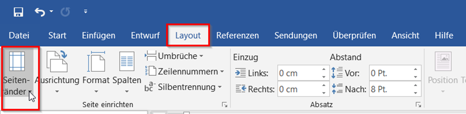 In diesem Screenshot eines Worddokuments wird dem Anwender gezeigt, wie er ein Layout für einen Geschäftsbrief in Word erstellt. Hierfür ist die Schaltfläche 